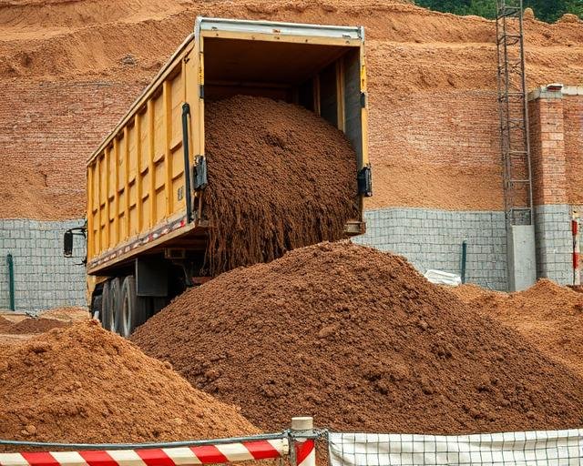 Caminhão basculante realizando remoção de terra excedente na sua região